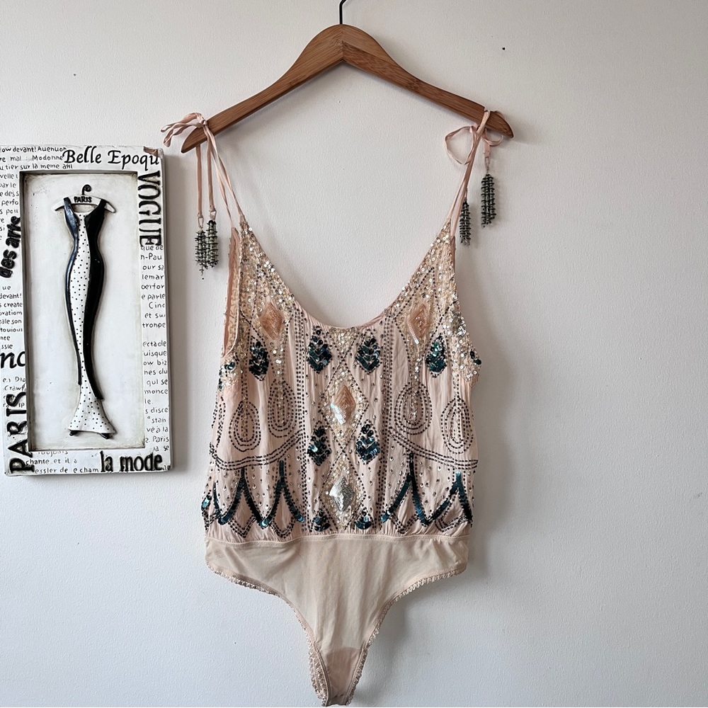 NWT Intimately Free People Glam Ivory Sequin Thong Boho Bodysuit Size S